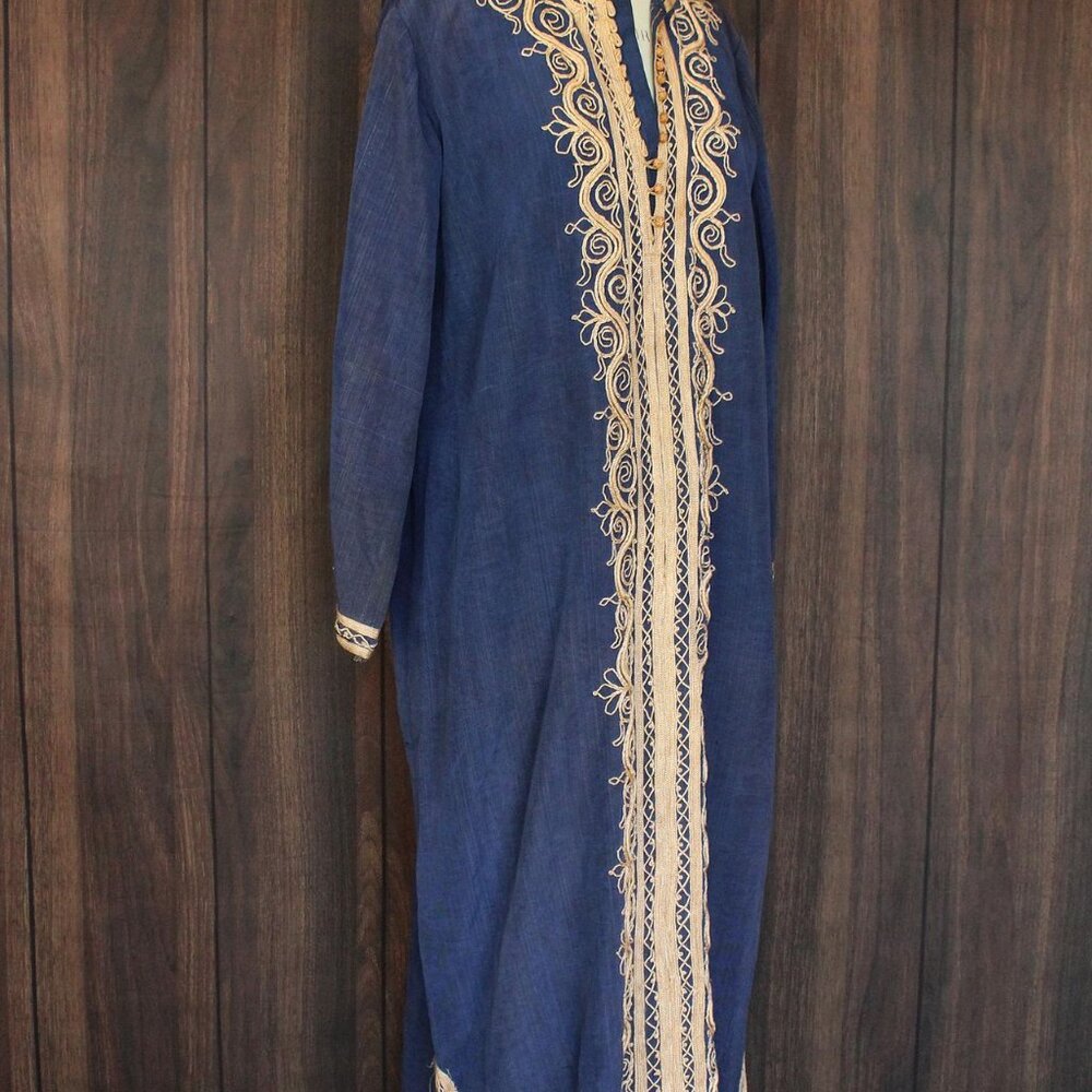 Vintage Moroccan Caftan, Blue and Gold Tunic or Dress,Traditional Middle Eastern - Picture 5 of 10